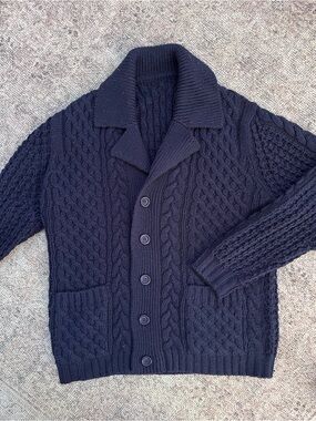 Vintage Fisherman Wool Navy Cable Knit Button-Up Sweater Cardigan L